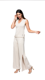Thalia Wide Leg Shimmery Pant with a Slit; Gold Ecru