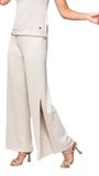 Thalia Wide Leg Shimmery Pant with a Slit; Gold Ecru