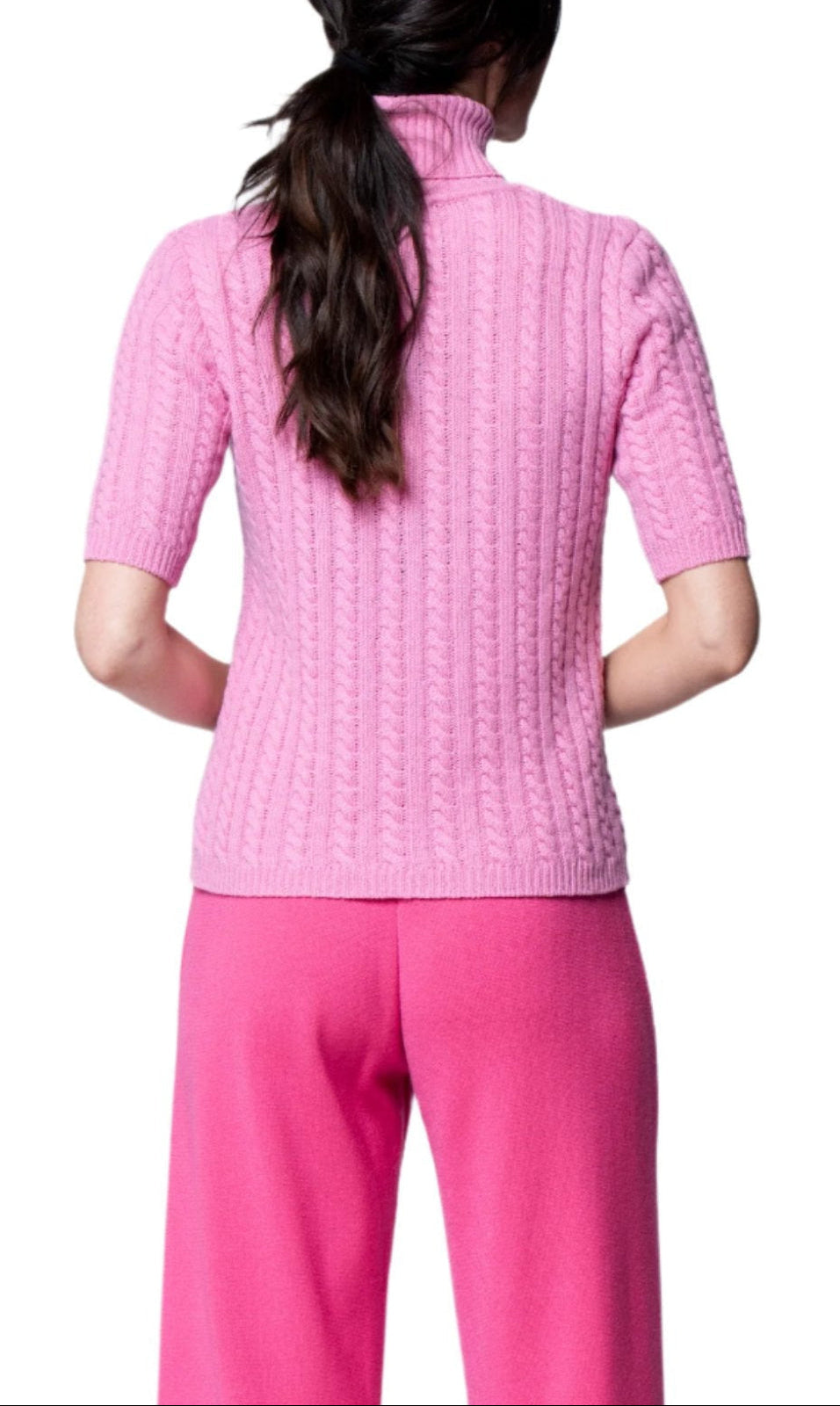 Lilly Short Sleeved Cable-Knit Turtleneck, Soft Pink