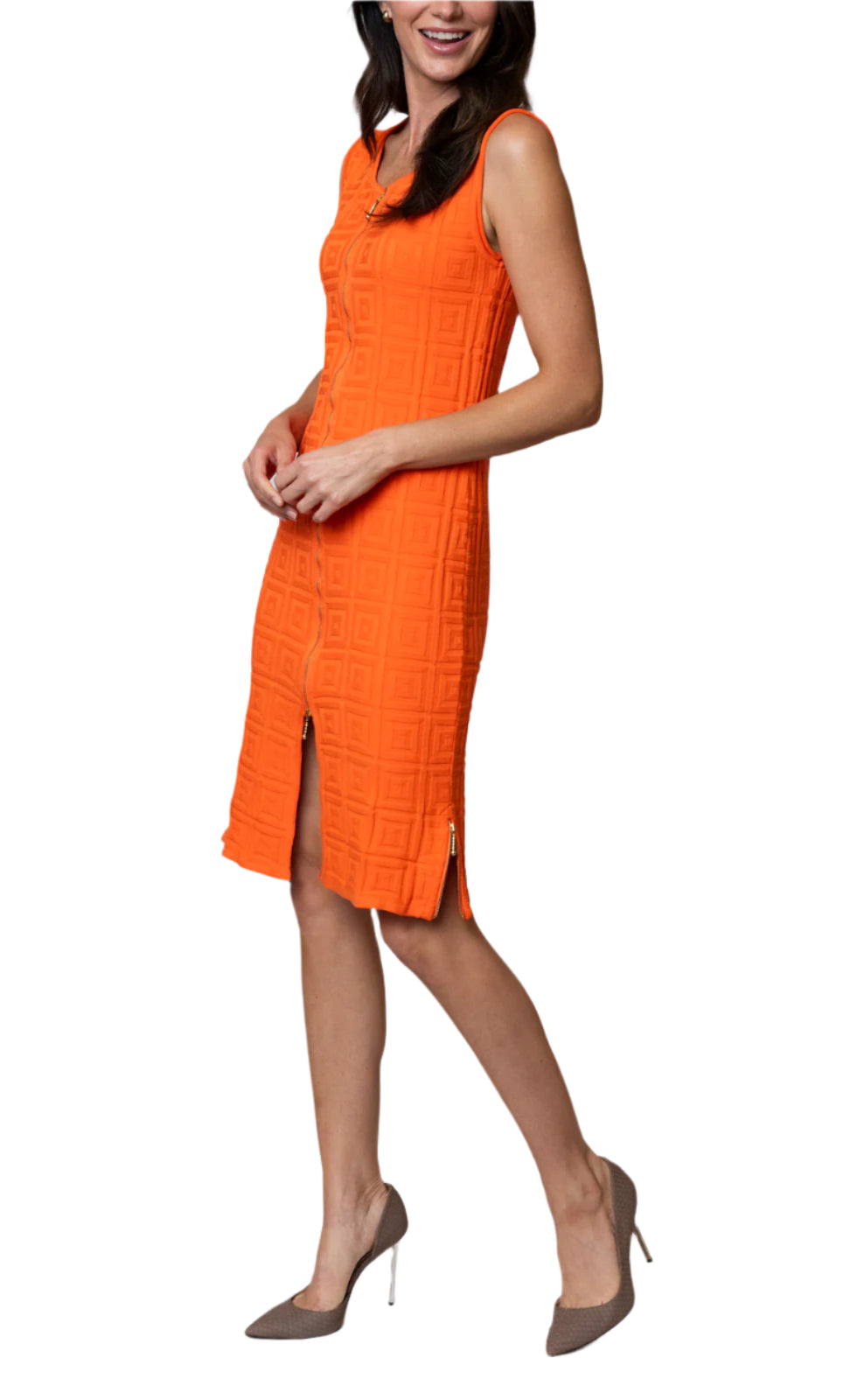 Joyce Square-Detail Knit Zip-front Sheath Dress; Orange