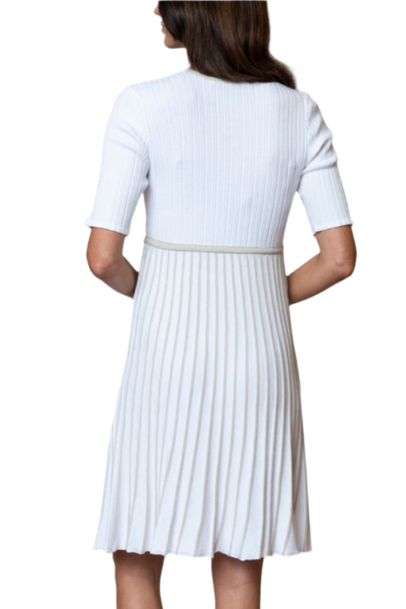 Lara Pleated Short Sleeved Dress / White/Beige (S and L ships on 4/30)