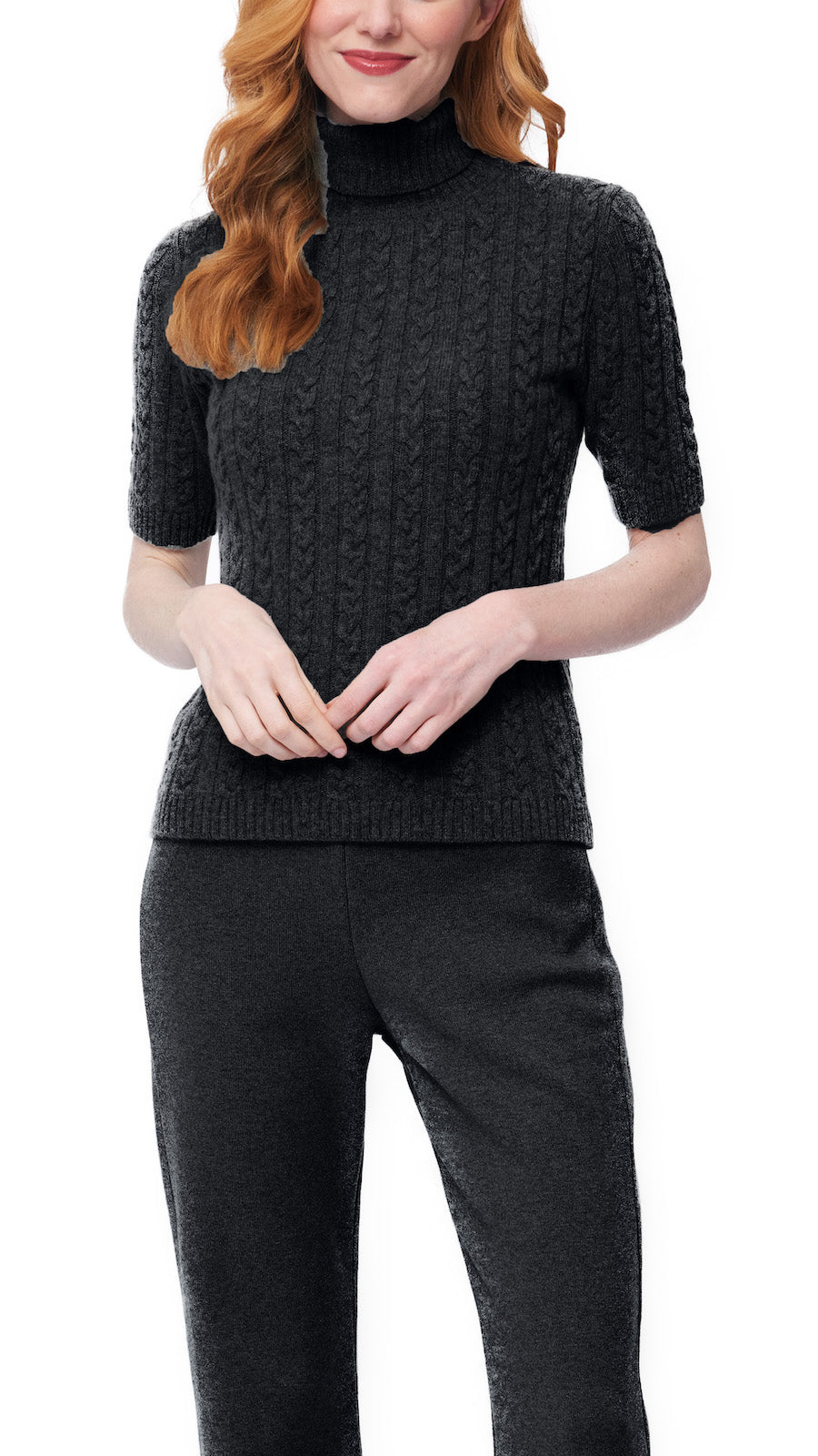 Lea Short Sleeved Cable-Knit Turtleneck, Anthracite