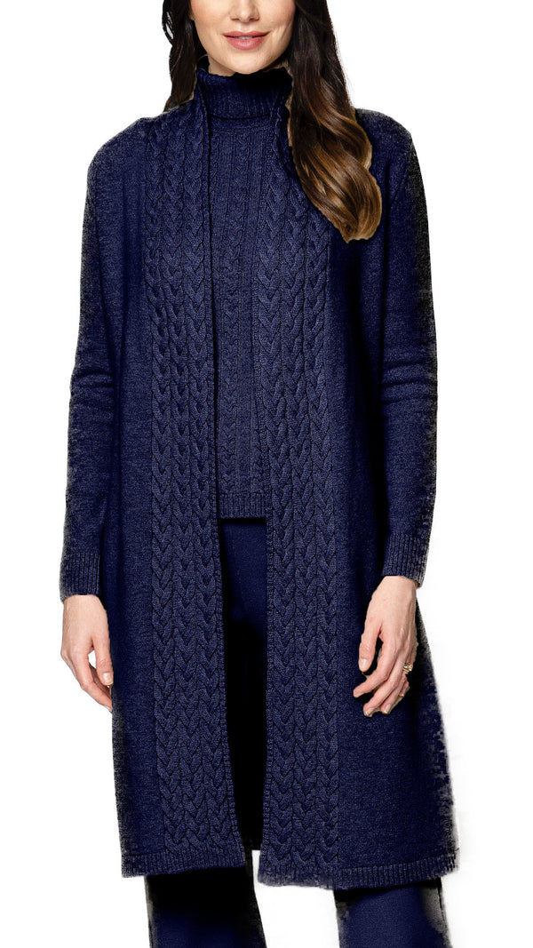 Leana Cable-Knit Belted Coat ; Thunder Navy