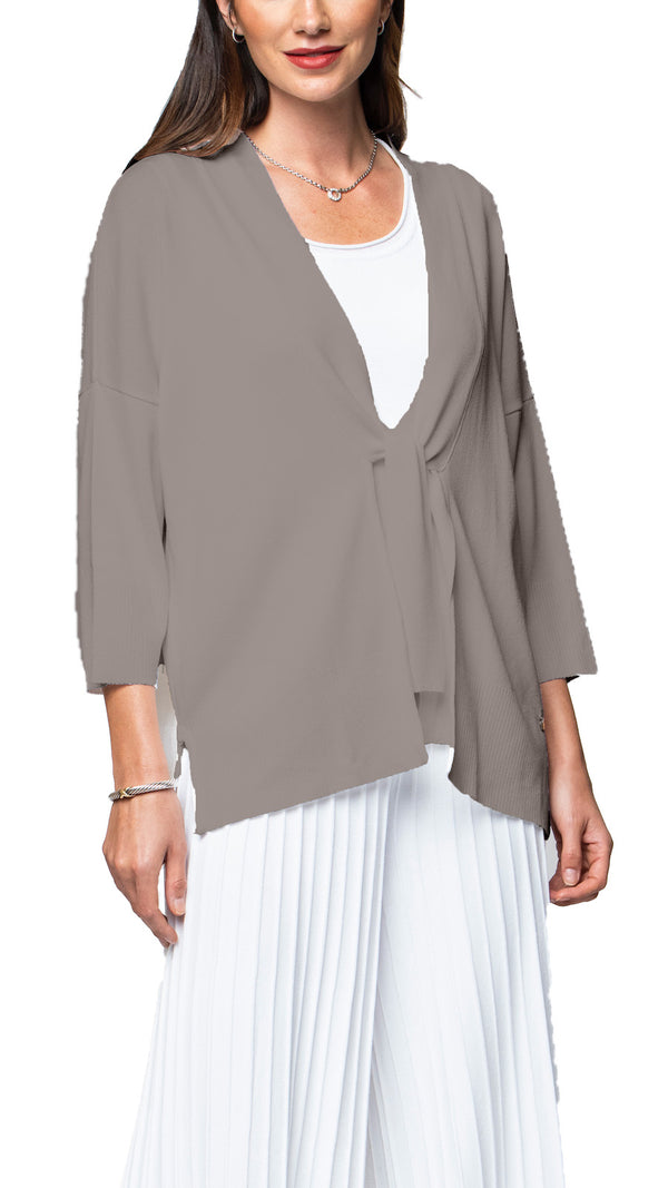 Malia Three-Quarter Sleeved Front-Tie Cardigan; Taupe