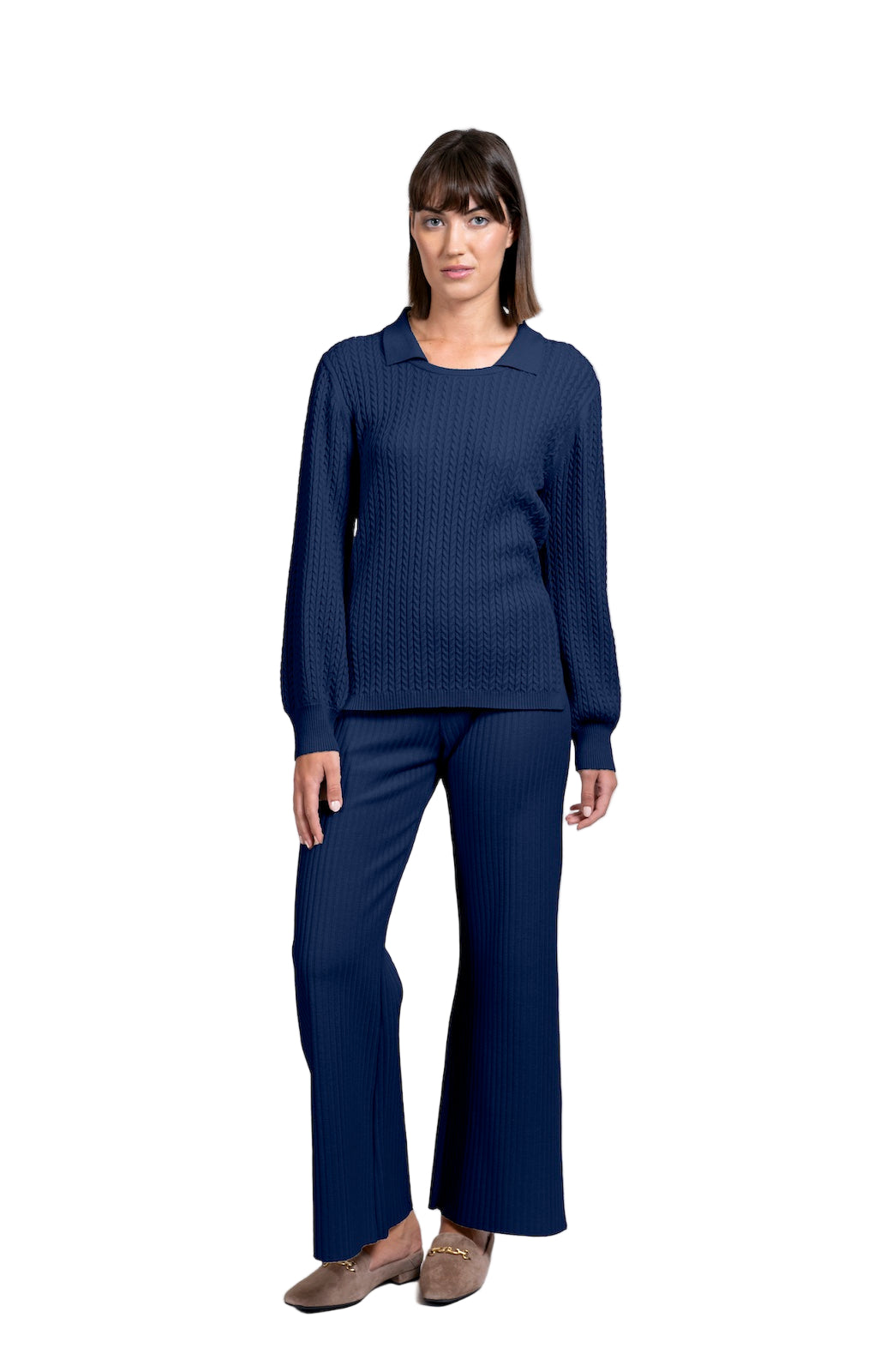 Hope Long Sleeved Crew-Neck Cable-Knit Top, Navy