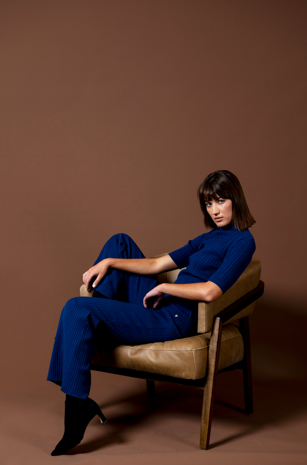 Sherri Short Sleeved Cable-Knit Turtleneck, Navy