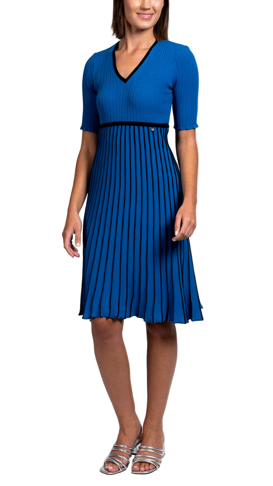 Lara Pleated Short Sleeved Dress / Ocean Blue/Navy