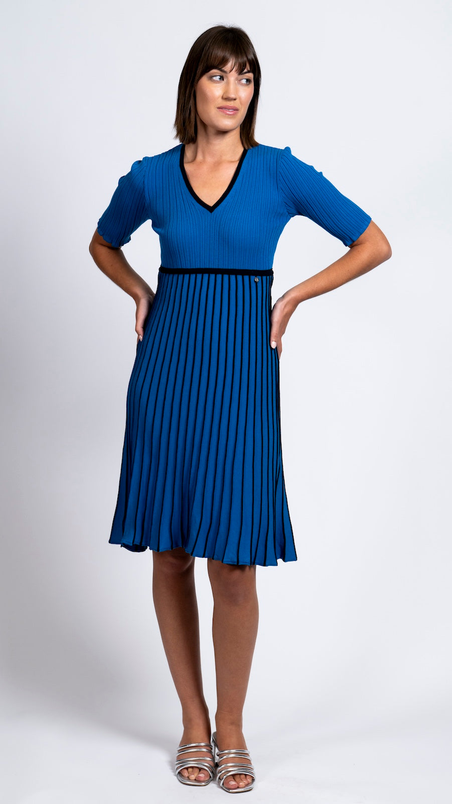 Lara Pleated Short Sleeved Dress / Ocean Blue/Navy