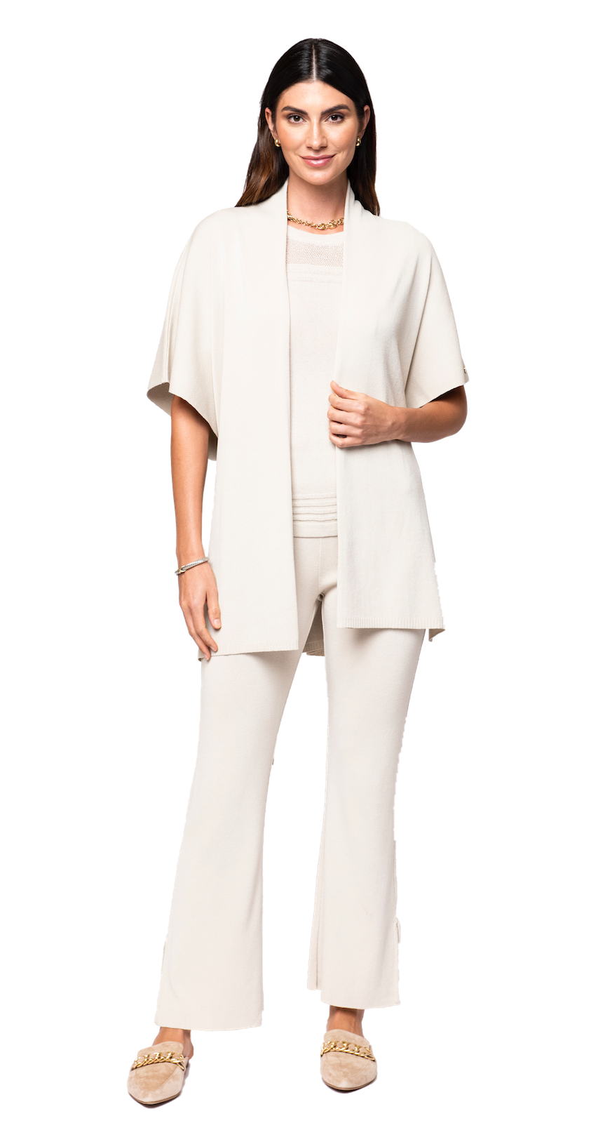 Bella Short Sleeved Top with See-Through Detail on Shoulders and Sleeves; Beige/ Gold Ecru