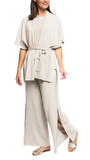 Tracey Wide Leg Milano-knit Pants with Shimmery Side Stripe and a Slit; Beige
