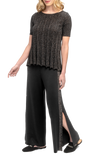 Tracey Wide Leg Milano-knit Pants with Shimmery Side Stripe and a Slit; Black/Black Shimmer