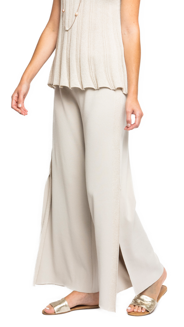 Tracey Wide Leg Milano-knit Pants with Shimmery Side Stripe and a Slit; Beige
