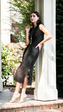 Sabrina Shimmer Mesh Knit Sleeveless Long Dress; Black Silver