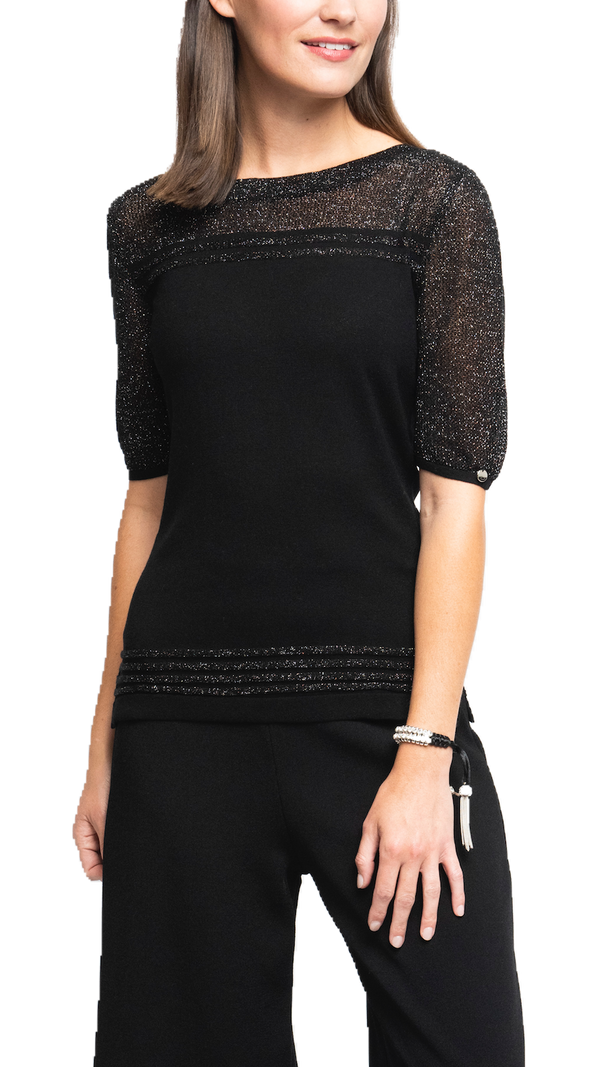 Bella Short Sleeved Top with See-Through Detail on Shoulders and Sleeves; Black/ Blk Silver