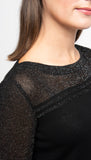 Bella Short Sleeved Top with See-Through Detail on Shoulders and Sleeves; Black/ Blk Shimmer