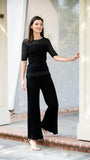 Bella Short Sleeved Top with See-Through Detail on Shoulders and Sleeves; Black/ Blk Silver