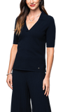 Kyla Piquet-Knit Short Sleeved Polo Top, Dark Navy