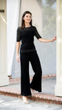 Julia Plisse-Look Full Length Wide Leg Pants, Black